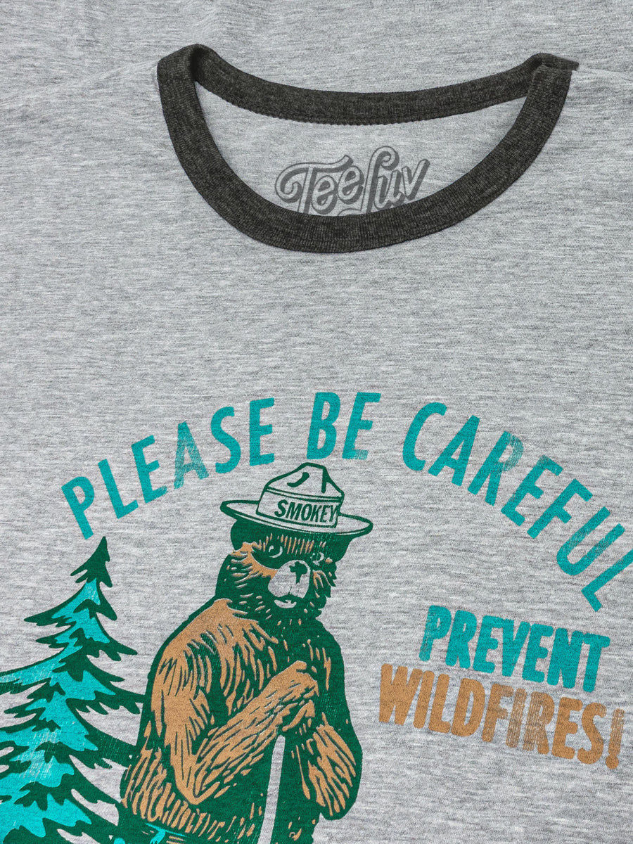 Smokey Bear Please Be Careful Prevent Wildfires Ringer T-Shirt - Gray and Black