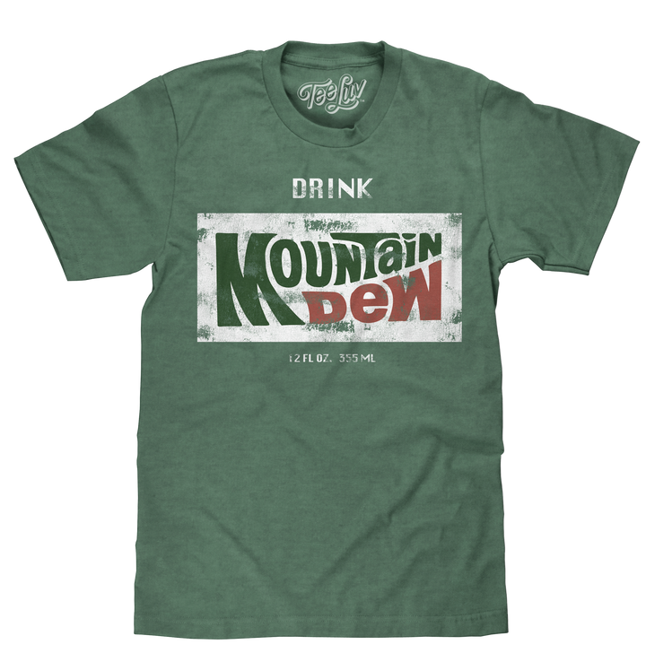 Forest green men's Mountain Dew soda shirt featuring a distressed print of the authentic 70s Mtn Dew wave logo.