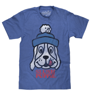 Slush Puppie logo shirt featuring the iconic cartoon dog mascot printed in a distressed style on a soft, blue heather men's shirt.