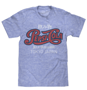Red and blue 1940s Pepsi Cola logo with white kanji characters and Tokyo Japan text lightly distressed and printed on a soft royal snow heather tee.