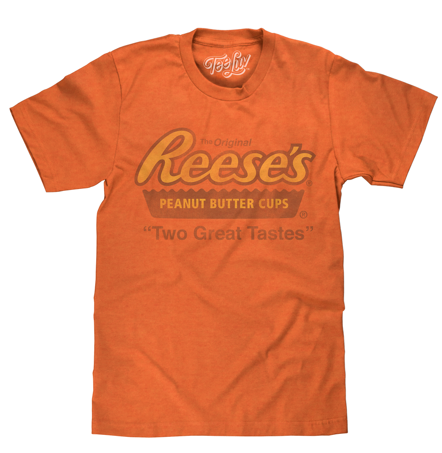 Reese's Peanut Butter Cup logo and 'Two Great Tastes' text printed in a distressed vintage style on a soft, orange heather tee.