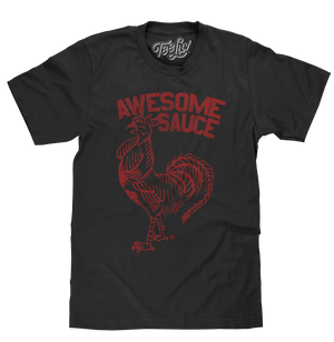Licensed Huy Fong Foods Tuong Ot Sriracha rooster graphic and Awesome Sauce text printed in red on a black cotton men's t-shirt.