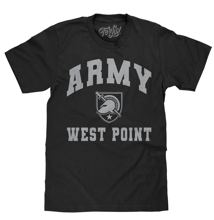 Officially licensed men's United States Military Academy black cotton tee shirt with a graphic of the Athena Shield logo and Army West Point text.