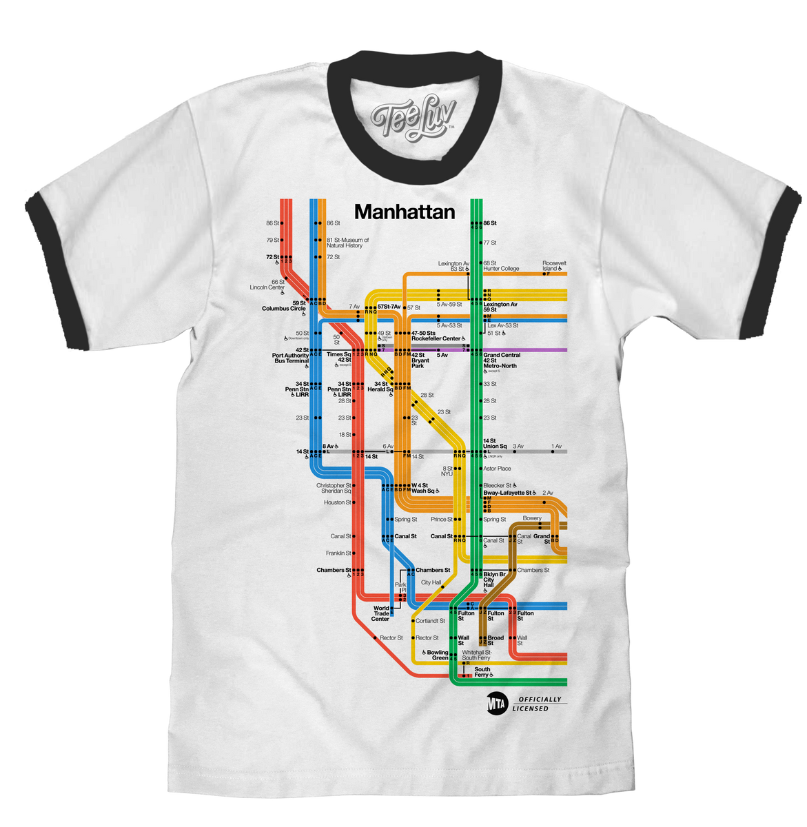 Tee Luv Manhattan Metro Map Ringer T-Shirt - White and Black Large