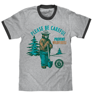 Smokey Bear Please Be Careful Prevent Wildfires Ringer T-Shirt - Gray and Black