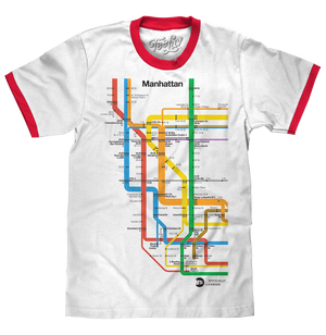 Manhattan Metro Map Ringer T-Shirt - White and Red