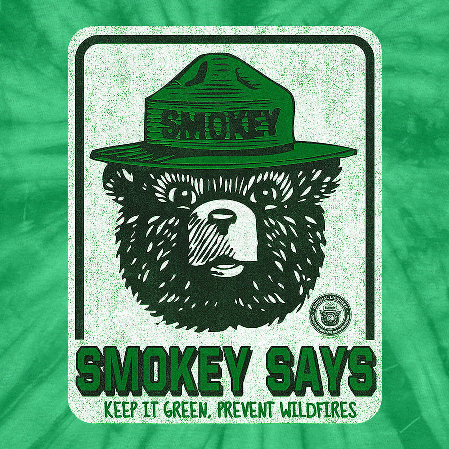 Smokey Bear Keep it Green, Prevent Wildfires Tie Dye T-Shirt - Kelly Green Tie Dye