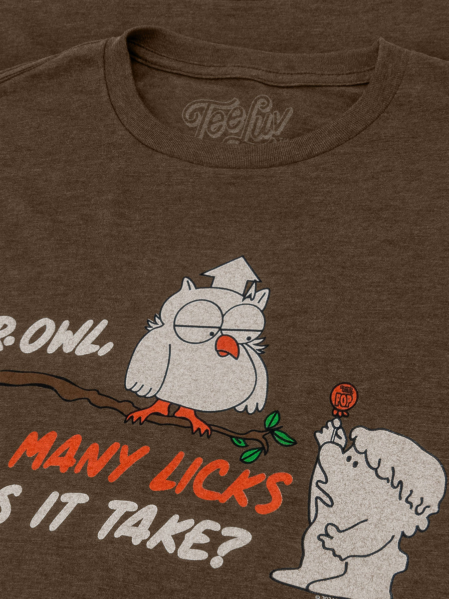 Mr Owl How Many Licks Does It Take Tootsie Roll Pop Candy T-Shirt - Heather Brown