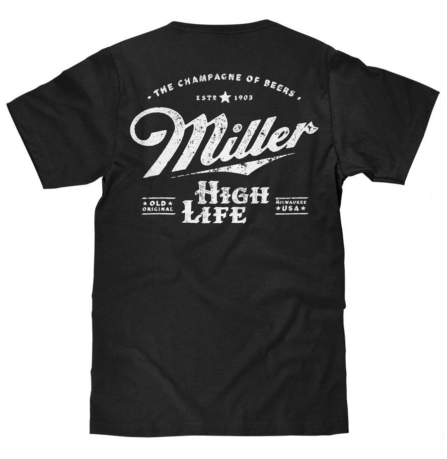 Distressed Miller High Life Logo Front and Back Print T-Shirt - Black