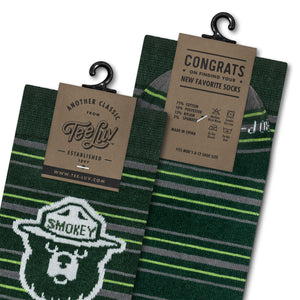 Smokey Bear Animal Mascot Striped Crew Socks - Green/Gray