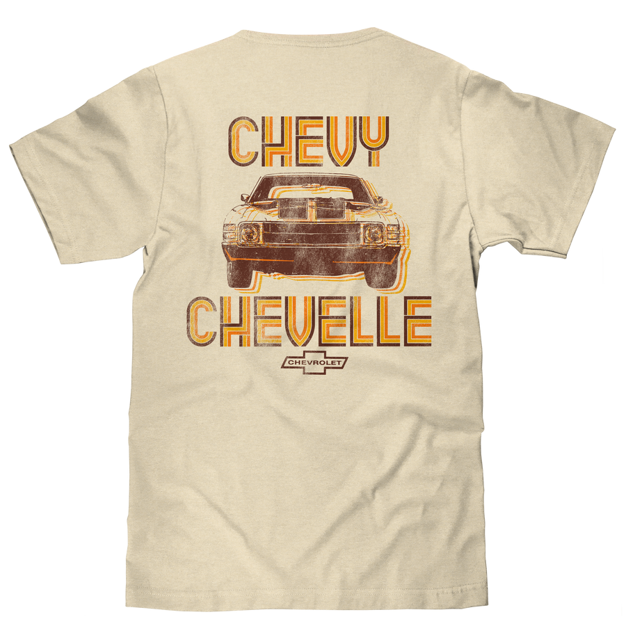 Chevy Chevelle Chevrolet Left Chest Front and Back Print Classic Car T-Shirt - Cream