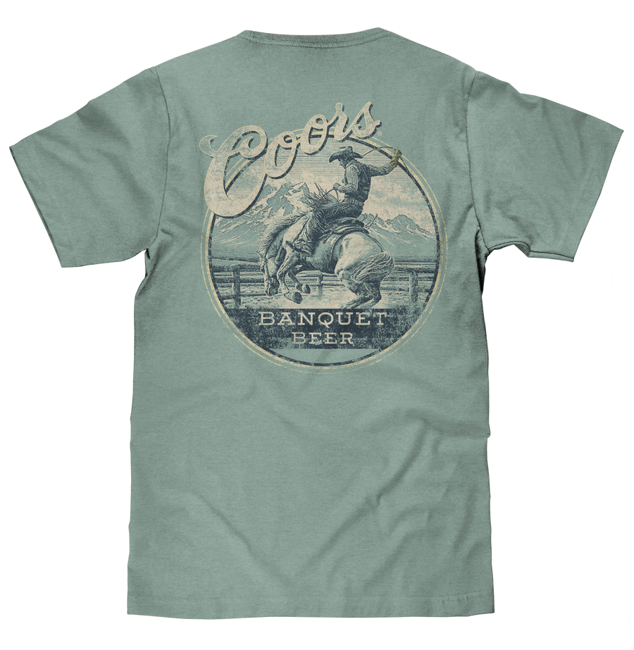 Coors Banquet Beer Rodeo Horse Front Pocket Tee T-Shirt - Cypress Green