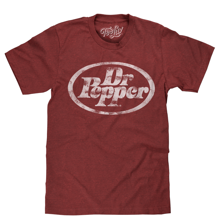 Men's brick-black heather graphic t-shirt with the official Dr Pepper oval logo printed in a heavily distressed style.