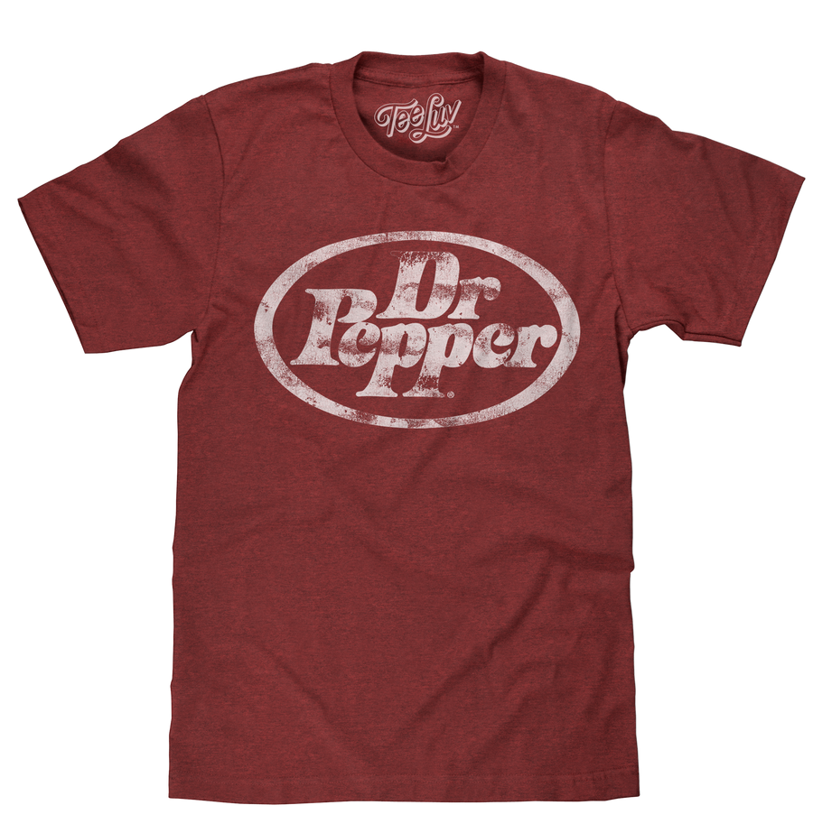 Men's brick-black heather graphic t-shirt with the official Dr Pepper oval logo printed in a heavily distressed style.