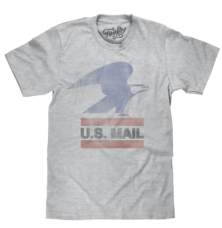 United States Postal Service standing eagle logo and 'U.S. Mail' text distressed and printed on a poly-cotton heather gray tee.