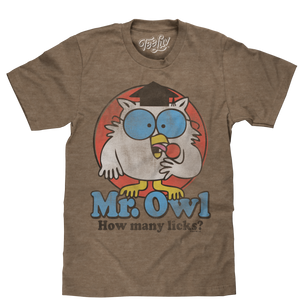 Brown retro candy tee shirt featuring a distressed print of the 1970s Tootsie Roll Pop mascot Mr Owl and 'How Many Licks?' text.
