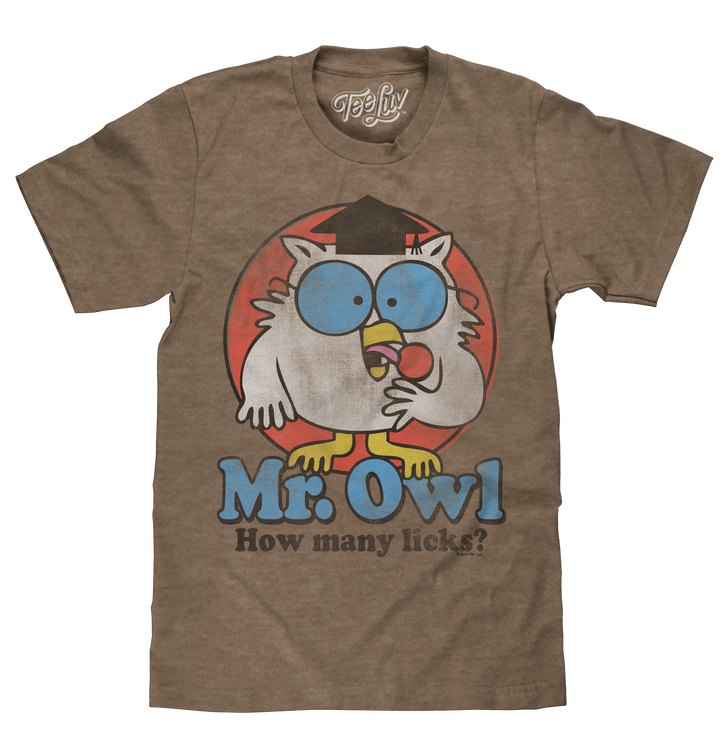 Brown retro candy tee shirt featuring a distressed print of the 1970s Tootsie Roll Pop mascot Mr Owl and 'How Many Licks?' text.
