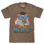 Brown retro candy tee shirt featuring a distressed print of the 1970s Tootsie Roll Pop mascot Mr Owl and 'How Many Licks?' text.