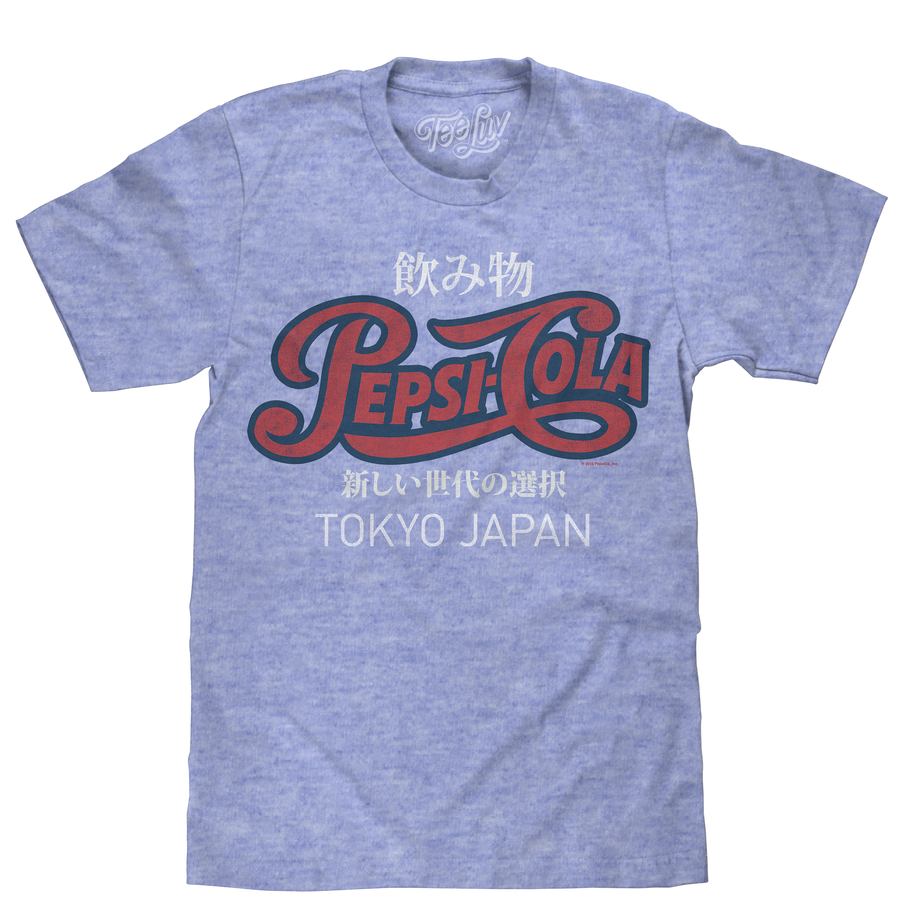 Red and blue 1940s Pepsi Cola logo with white kanji characters and Tokyo Japan text lightly distressed and printed on a soft royal snow heather tee.
