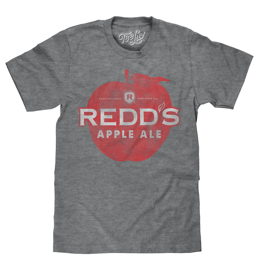 Authentic MillerCoors Redd's Apple Ale beer logo distressed and printed on a soft graphite grey men's shirt.
