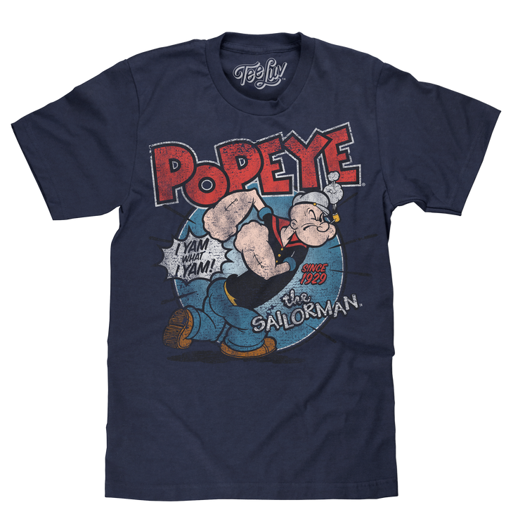 Distressed graphic tee featuring the Popeye the Sailor Man cartoon character walking and the 'I Yam What I Yam' phrase.