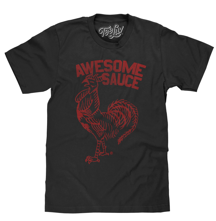 Licensed Huy Fong Foods Tuong Ot Sriracha rooster graphic and Awesome Sauce text printed in red on a black cotton men's t-shirt.