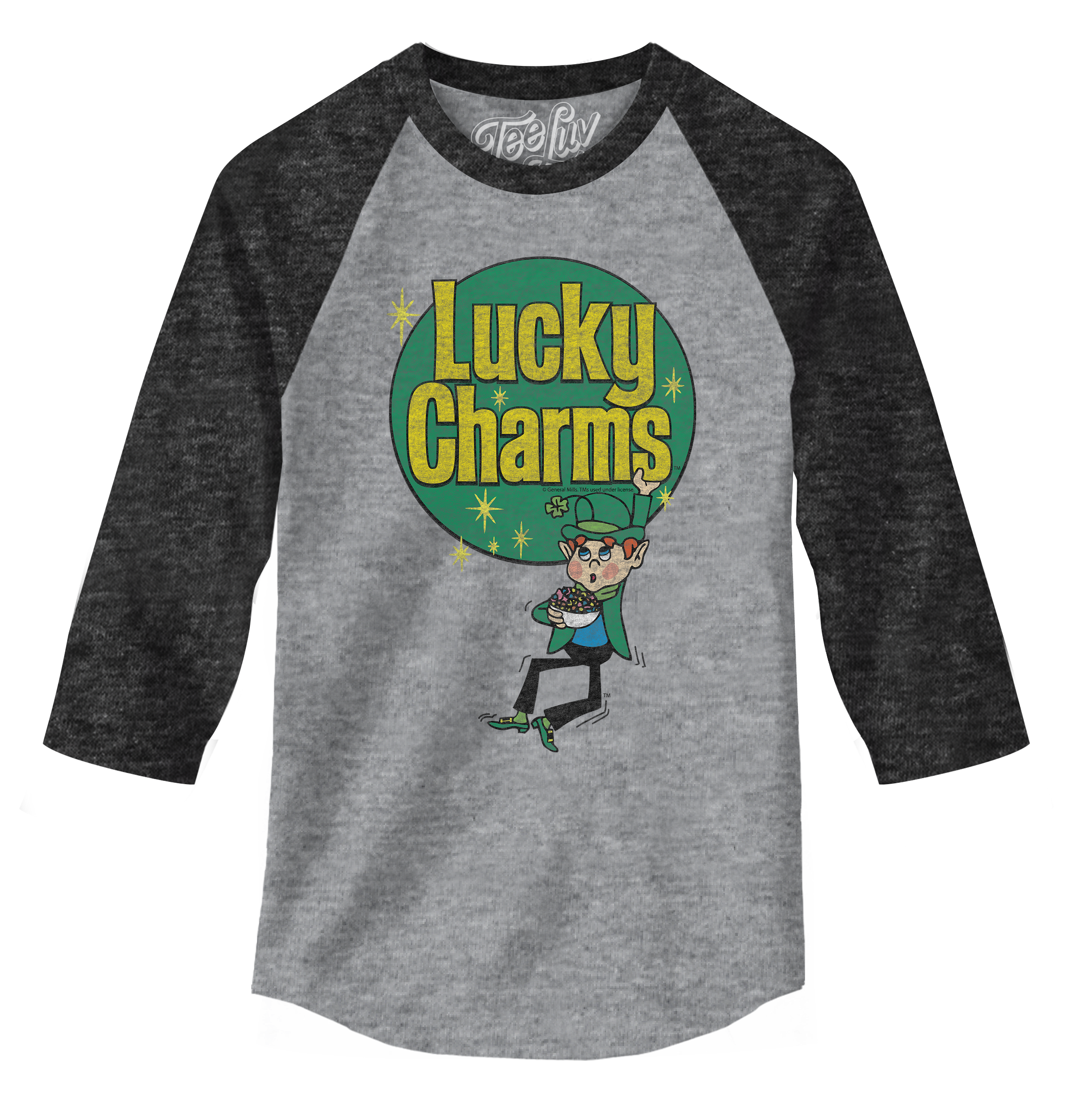 Lucky Charms Retro Logo 3/4 Sleeve Raglan Jersey T-Shirt - Gray and Black