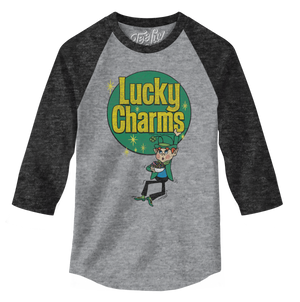 Lucky Charms Retro Logo 3/4 Sleeve Raglan Jersey T-Shirt - Gray and Black