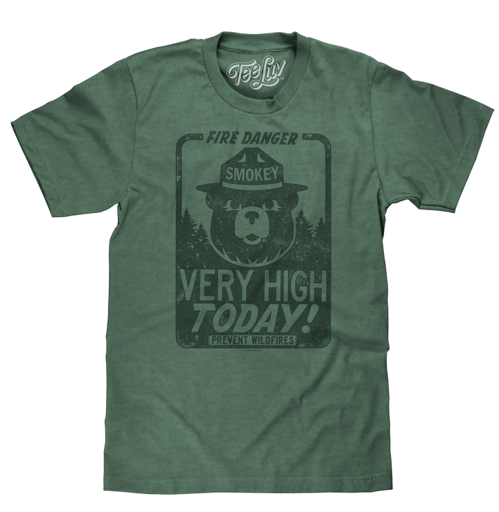 Dark green tri-blend heather t-shirt with a distressed graphic print of a Smokey Bear and Fire Danger Very High Today text.