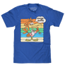 Officially licensed royal blue General Mills Cocoa Puffs cereal shirt featuring Sonny the Cuckoo Bird against a colorful graphic background.