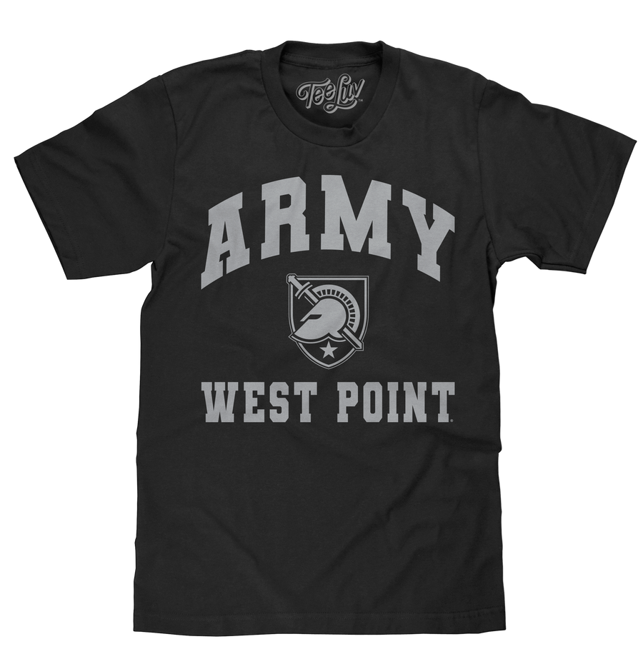 Officially licensed men's United States Military Academy black cotton tee shirt with a graphic of the Athena Shield logo and Army West Point text.