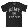 Officially licensed men's United States Military Academy black cotton tee shirt with a graphic of the Athena Shield logo and Army West Point text.