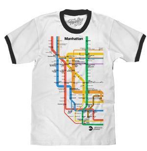 Men's white and black ringer tee shirt with an officially licensed, colorful MTA subway train map of Manhattan New York.