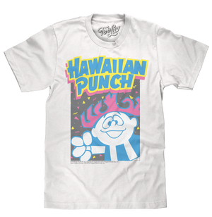 90s inspired neon graphic tee shirt featuring a distressed print of the Hawaiian Punch mascot Punchy.