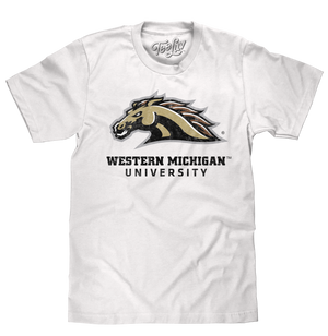 Licensed college graphic shirt featuring a distressed print of the WMU Bronco logo and Western Michigan University text.