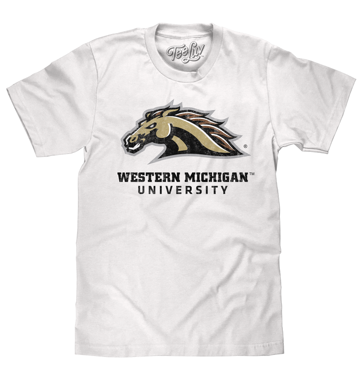 Licensed college graphic shirt featuring a distressed print of the WMU Bronco logo and Western Michigan University text.