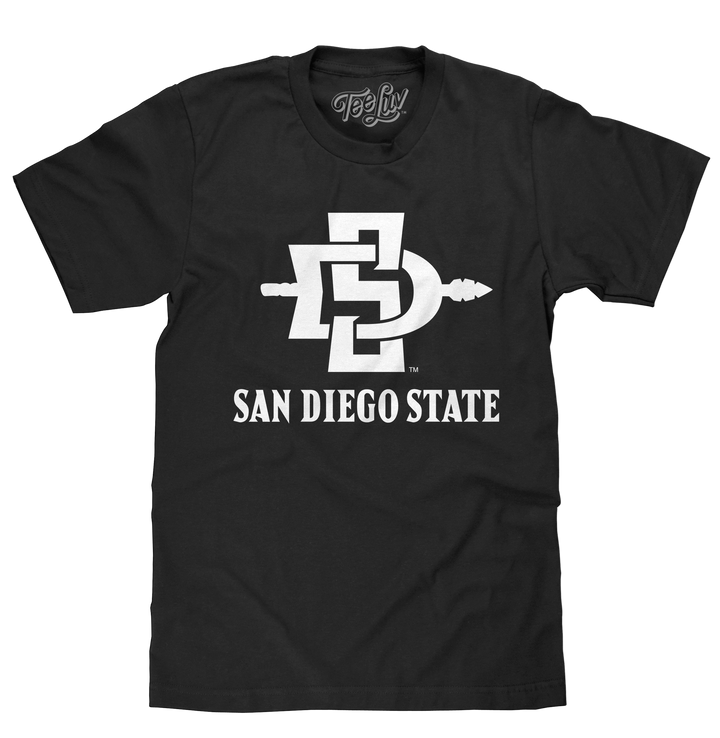 San Diego State University SDSU Logo printed on a black cotton men's t-shirt.