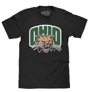 Authentic licensed college sports team shirt featuring the Ohio University Bobcats Logo on a soft black cotton tee.