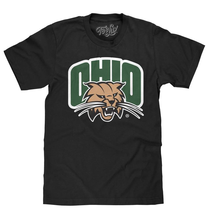 Authentic licensed college sports team shirt featuring the Ohio University Bobcats Logo on a soft black cotton tee.
