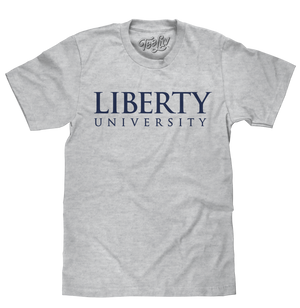 Men's athletic grey heather college tee shirt featuring the Liberty University text logo.