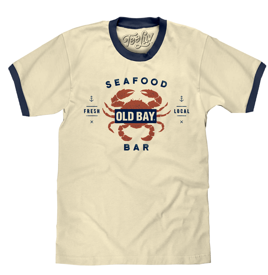 Old  Bay Seafood Bar Lobster Logo Ringer T-Shirt - Beige and Navy